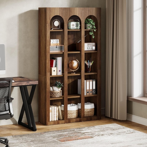 LANTINE  5-Tier Farmhouse Arched Bookshelf, 70.87-Inch Mid Century Modern Bookcase \w Open Shelves, Tall Wood Book Shelf Vintage Display Storage