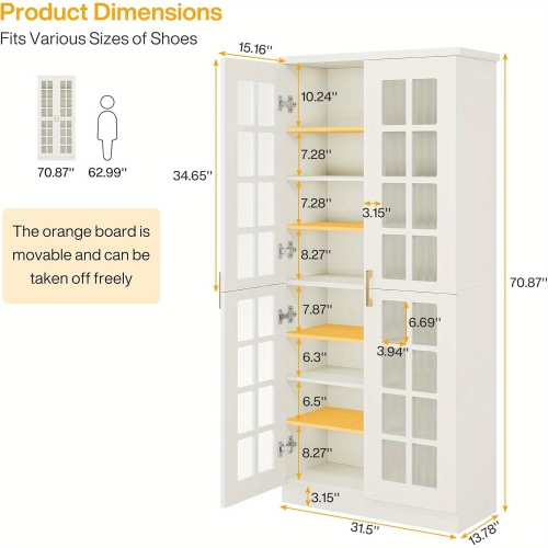 Grande armoire à chaussures de 71 po avec portes Lantine, armoire de rangement à chaussures à 8 niveaux avec tablettes réglables,