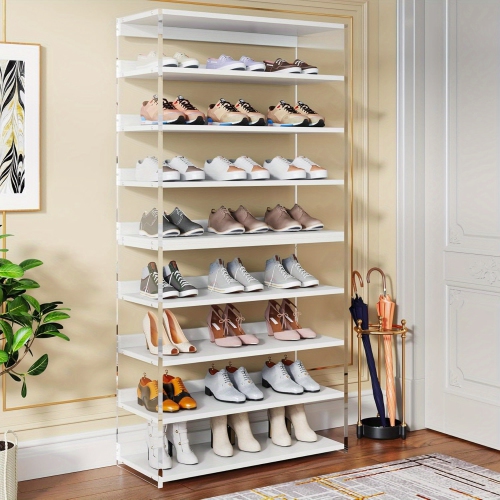 Lantine 8-Tier Acrylic Shoe Rack, Modern Shoe Storage With Wood Shelves, 63" Shoe Organizer Display Shelf For 24-32 Pairs, Space-Saving, White &