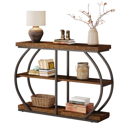 Lantine – Console de 41,3 po, table d'entrée industrielle à 3 niveaux avec cadre en métal arqué et tablettes de rangement pour salon, corridor,