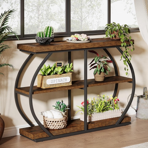 Lantine – Console de 41,3 po, table d'entrée industrielle à 3 niveaux avec cadre en métal arqué et tablettes de rangement pour salon, corridor,