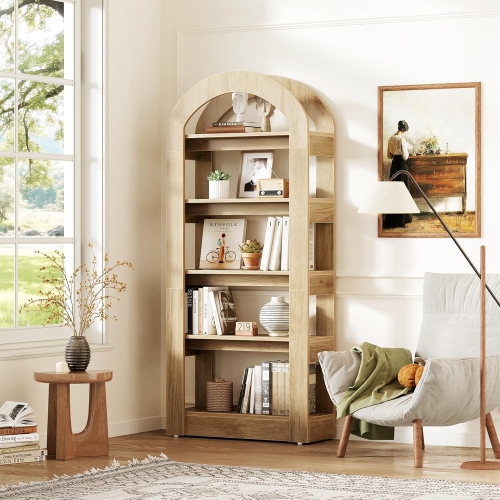 Lantine 5-Tier Bookshelf, Arch-Shaped Racks, Tall Standing Wooden Bookcase Display Shelf Modern Storage Solution
