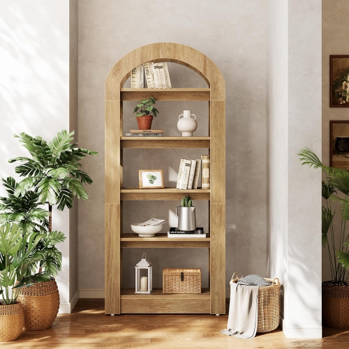 Lantine 5-Tier Bookshelf, Arch-Shaped Racks, Tall Standing Wooden Bookcase Display Shelf Modern Storage Solution