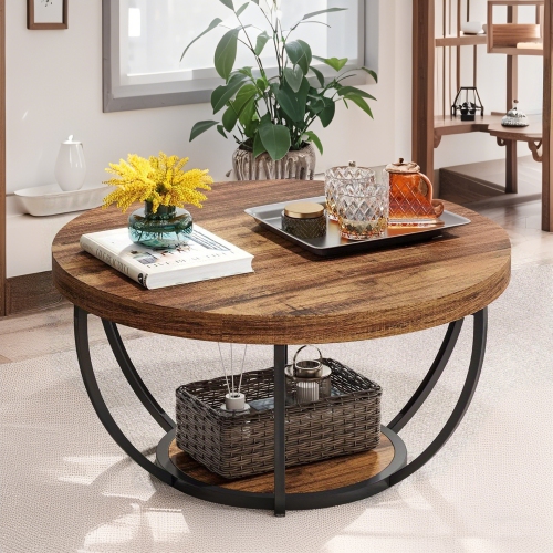 Lantine Round Coffee Table Stand Wooden Double Deck Coffee Table With Open Storage Space And Metal Legs Suitable For Living Room Bedroom