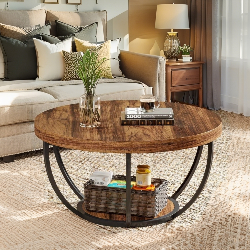 Lantine Round Coffee Table Stand Wooden Double Deck Coffee Table With Open Storage Space And Metal Legs Suitable For Living Room Bedroom