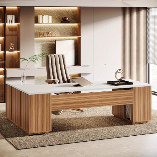 Lantine 85.8" L-Shaped Executive Desk, Extra Large Office Desk with File Drawers, Modern Business Furniture, Computer Desk Workstation with Door