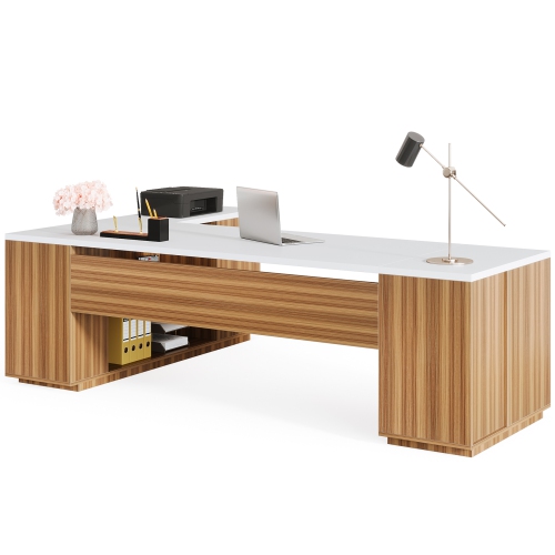 Lantine 85.8" L-Shaped Executive Desk, Extra Large Office Desk with File Drawers, Modern Business Furniture, Computer Desk Workstation with Door