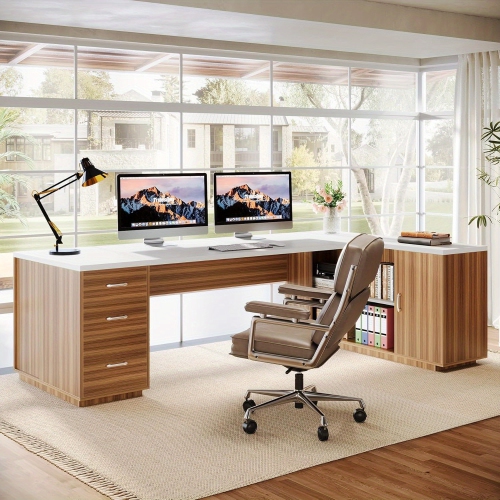 Lantine 85.8" L-Shaped Executive Desk, Extra Large Office Desk with File Drawers, Modern Business Furniture, Computer Desk Workstation with Door