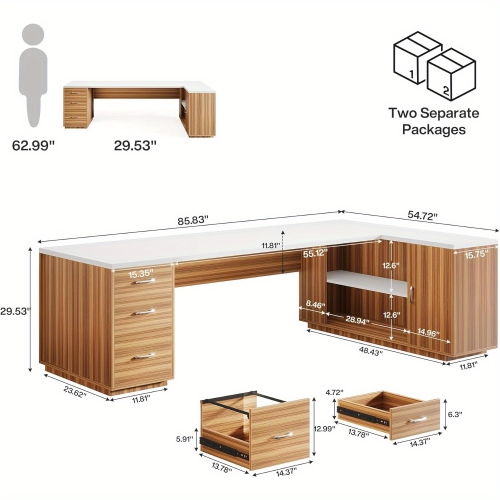 Lantine 85.8" L-Shaped Executive Desk, Extra Large Office Desk with File Drawers, Modern Business Furniture, Computer Desk Workstation with Door