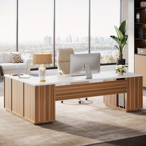 Lantine 85.8" L-Shaped Executive Desk, Extra Large Office Desk with File Drawers, Modern Business Furniture, Computer Desk Workstation with Door