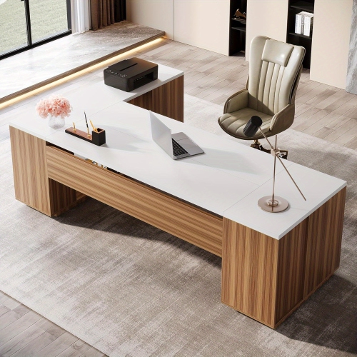 Lantine 85.8" L-Shaped Executive Desk, Extra Large Office Desk with File Drawers, Modern Business Furniture, Computer Desk Workstation with Door