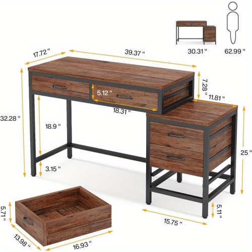 Lantine Furniture for Home, 5 Drawers Computer Desk, Desk with Reversible File Drawer Cabinet for Home Office