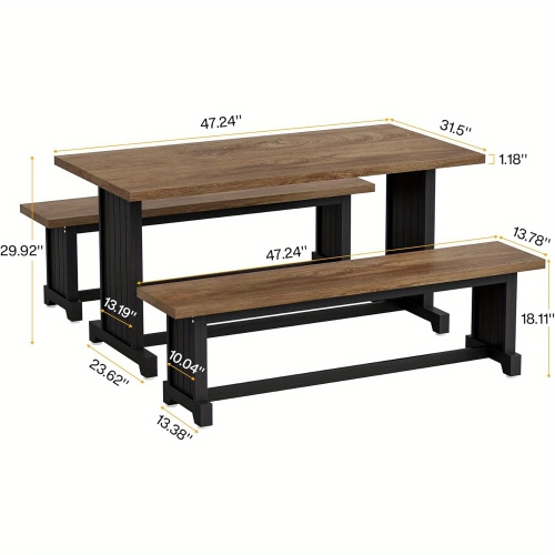 Lantine 47" Dining Table Set for 2-4, 3-Piece Kitchen Room Table with 2 Benches, Farmhouse Wood Dinner Furniture for Small Space, Home Kitchen, Black