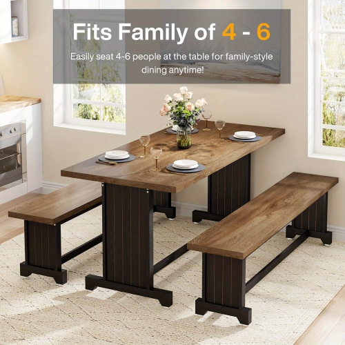 Lantine 47" Dining Table Set for 2-4, 3-Piece Kitchen Room Table with 2 Benches, Farmhouse Wood Dinner Furniture for Small Space, Home Kitchen, Black