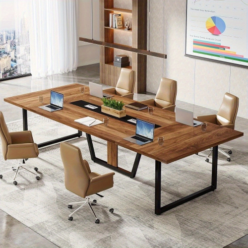 LANTINE  94.5-Inch Conference Table for 10 People, Industrial 8 Ft Meeting Table w Two Grommets, Rectangular Podcast Training Table for Home Office