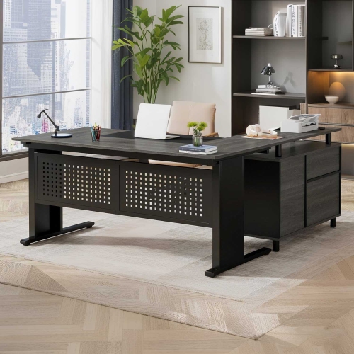 Lantine 63-Inch L-Shaped Executive Desk, File Cabinet with Drawers, Storage Shelves, Gray and Black for Home Office