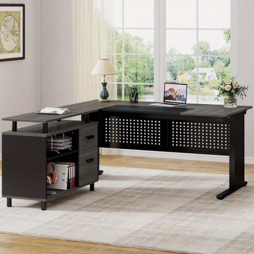 Lantine 63-Inch L-Shaped Executive Desk, File Cabinet with Drawers, Storage Shelves, Gray and Black for Home Office