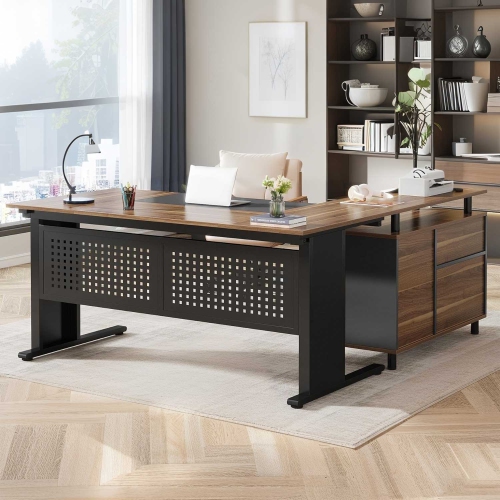 Lantine 63-Inch L-Shaped Executive Desk, File Cabinet with Drawers, Storage Shelves, Gray and Black for Home Office