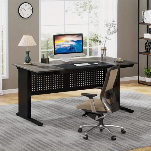 Lantine 63-Inch L-Shaped Executive Desk, File Cabinet with Drawers, Storage Shelves, Gray and Black for Home Office