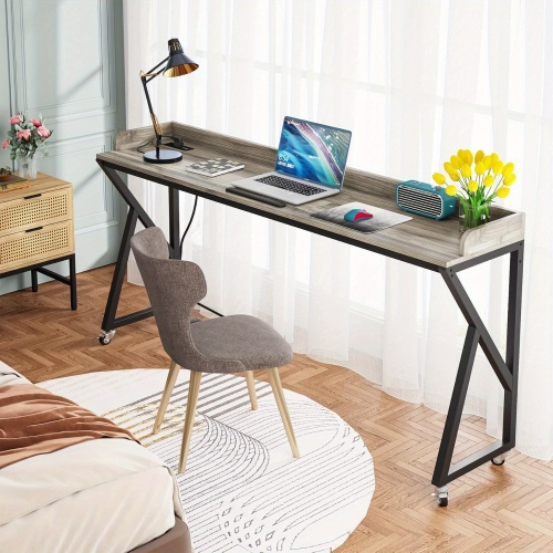 LANTINE  70.9" Queen Size Bed Table Over Bed Desk, Overbed Table \w Adjustable Tilt Board, Mobile Laptop Cart Computer Desk \w 2 Ac Outlets & 2 USB