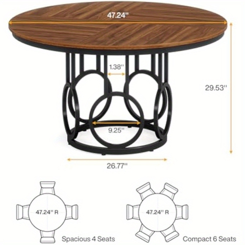 Lantine Round Dining Table with Sturdy Metal Base for 4-6 People, Large Circle Table for Dining Room, Reception Room, Canteen, Living Room