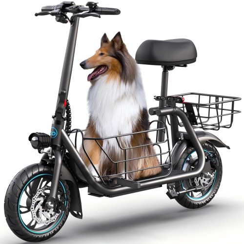 MIHOVER 550W Electric Scooter with Seat for Adult 12 inch Commuter Electric Scooter for Pets with Front & Back Basket Bigger Seat - up to 20 Miles
