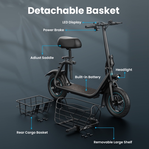 MIHOVER 550W Electric Scooter with Seat for Adult 12 inch Commuter Electric Scooter for Pets with Front & Back Basket Bigger Seat - up to 20 Miles