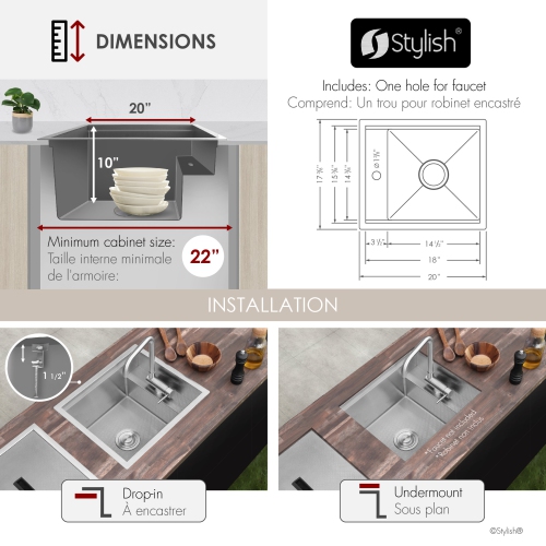 Concealed Dual-Mount Stainless Steel Utility Sink – 20-Inch, 1-Hole Prep Sink with Dura-Tek