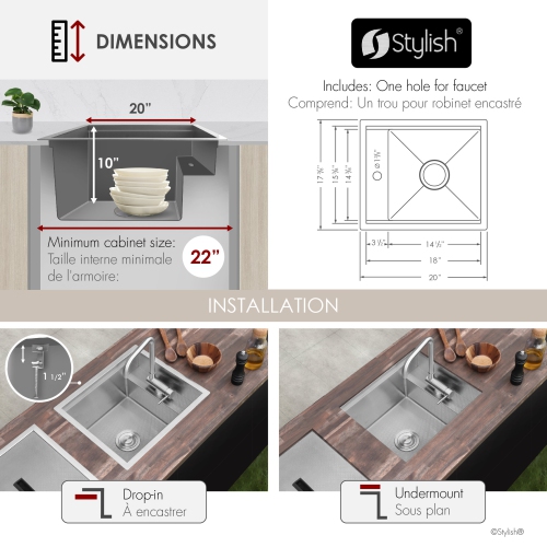 Concealed Dual-Mount Stainless Steel Utility Sink – 20-Inch, 1-Hole Prep Sink Dura-Tek Finish with Stainless Steel Faucet.