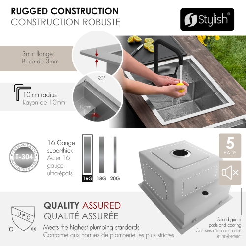 Concealed Dual-Mount Stainless Steel Utility Sink – 20-Inch, 1-Hole Prep Sink Dura-Tek Finish with Matte Black Faucet