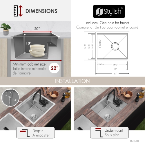 Concealed Dual-Mount Stainless Steel Utility Sink – 20-Inch, 1-Hole Prep Sink Dura-Tek Finish with Matte Black Faucet