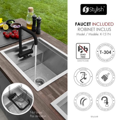 Concealed Dual-Mount Stainless Steel Utility Sink – 20-Inch, 1-Hole Prep Sink Dura-Tek Finish with Matte Black Faucet