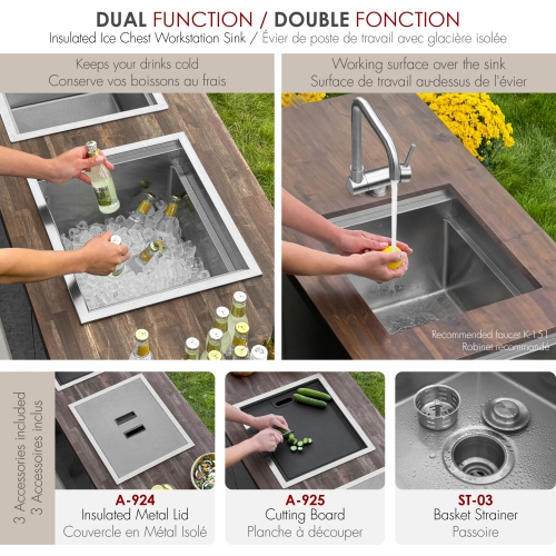 20" Dual-Mount Stainless Steel Insulated Ice Chest Workstation Sink with Dura-Tek