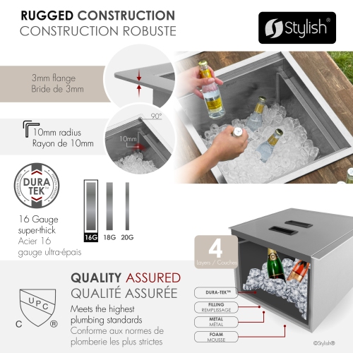 20" Dual-Mount Stainless Steel Insulated Ice Chest Workstation Sink with Dura-Tek