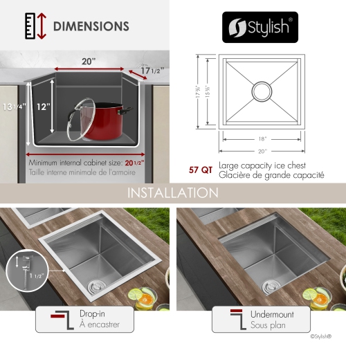 20" Dual-Mount Stainless Steel Insulated Ice Chest Workstation Sink with Dura-Tek