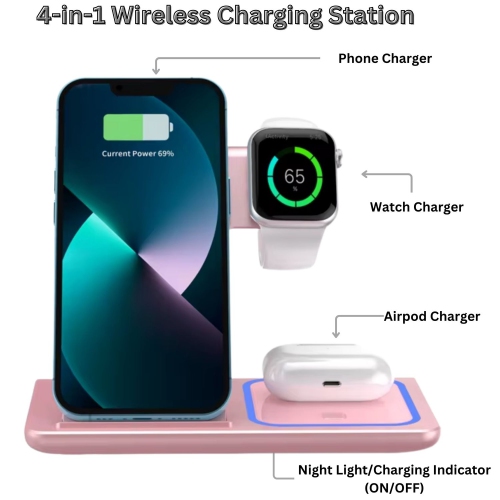 MAKATA 4-in-1 Wireless Charger Foldable Fast-Charging Station Compatible with Apple Samsung Phones Smart watches and Airpods for Home and Office