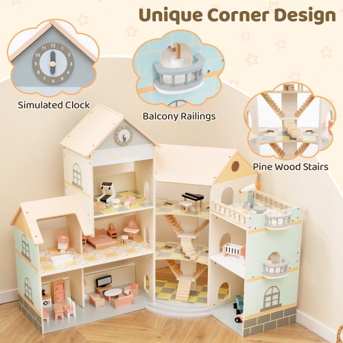 Gymax Wooden Corner Dollhouse Playset w/ 41 Pieces of Furniture and Accessories