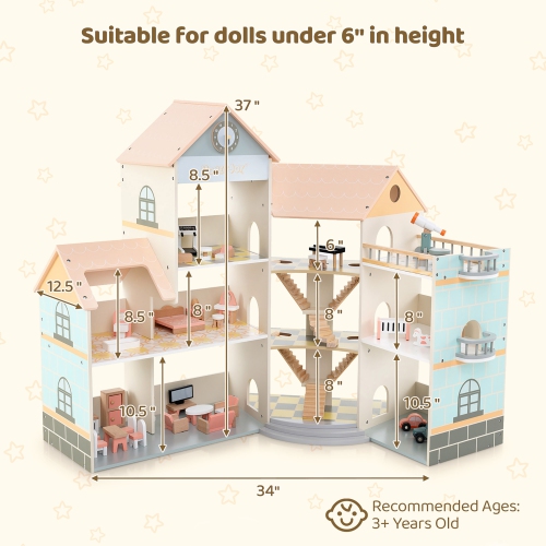 Gymax Wooden Corner Dollhouse Playset w/ 41 Pieces of Furniture and Accessories