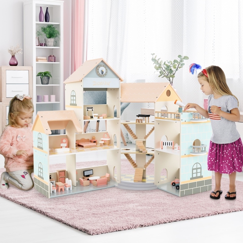 Gymax Wooden Corner Dollhouse Playset w/ 41 Pieces of Furniture and Accessories