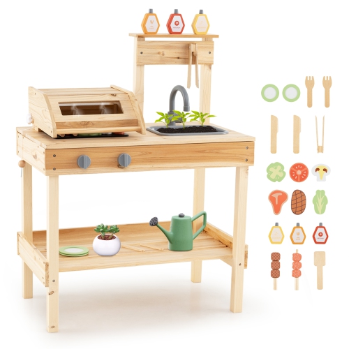 Gymax Wooden Barbecue Grill Playset w/ Play Food Grilling Tools & Accessories