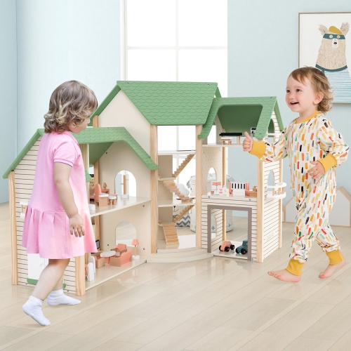 Gymax Wooden Corner Dollhouse Playset with 36 Pieces of Furniture and Accessories