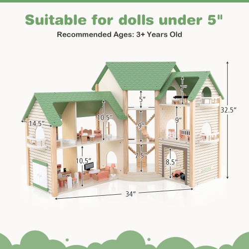 Gymax Wooden Corner Dollhouse Playset with 36 Pieces of Furniture and Accessories