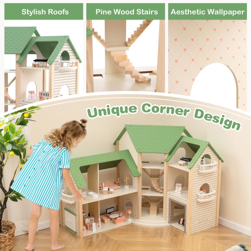 Gymax Wooden Corner Dollhouse Playset with 36 Pieces of Furniture and Accessories