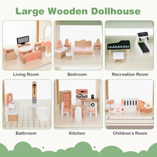 Gymax Wooden Corner Dollhouse Playset with 36 Pieces of Furniture and Accessories