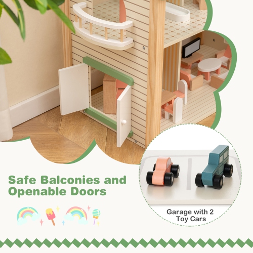 Gymax Wooden Corner Dollhouse Playset with 36 Pieces of Furniture and Accessories