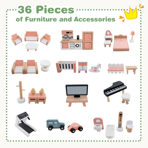 Gymax Wooden Corner Dollhouse Playset with 36 Pieces of Furniture and Accessories