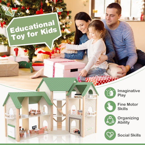 Gymax Wooden Corner Dollhouse Playset with 36 Pieces of Furniture and Accessories