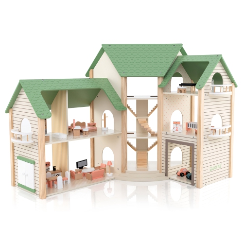 Gymax Wooden Corner Dollhouse Playset with 36 Pieces of Furniture and Accessories