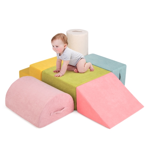 Gymax 6 Pcs Toddler Climbing Blocks w/ H&les Chenille Fabric Cover Corner Play Gym Multicolor