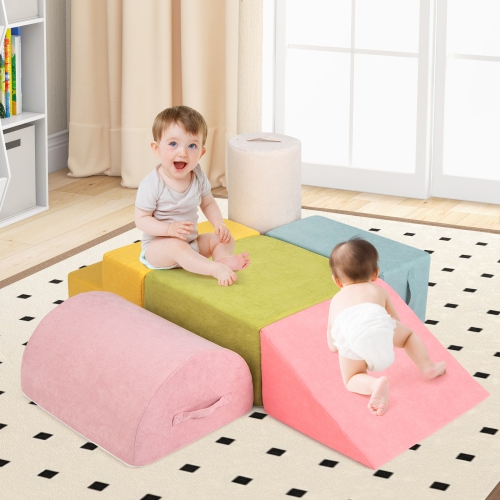 Gymax 6 Pcs Toddler Climbing Blocks w/ H&les Chenille Fabric Cover Corner Play Gym Multicolor